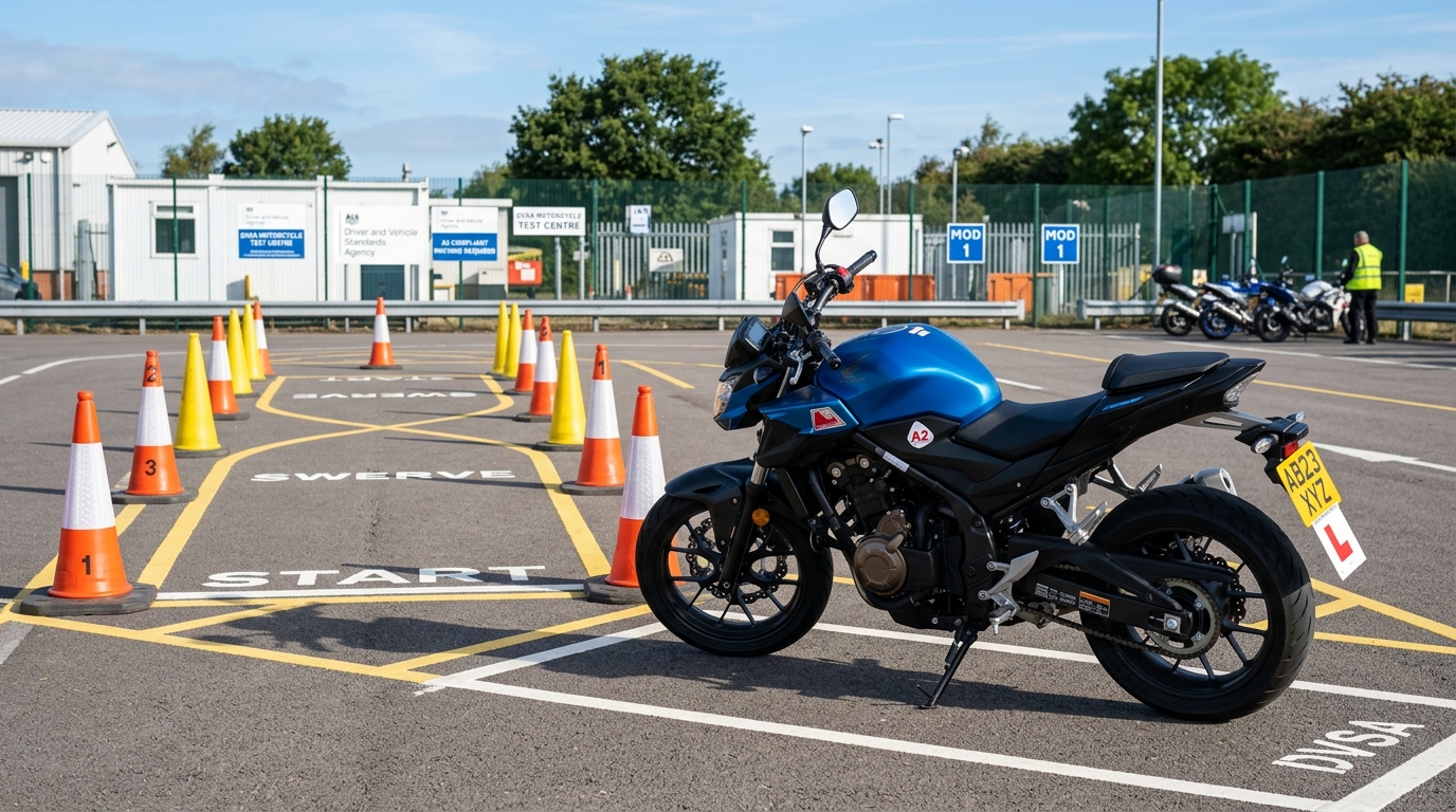 UK A2 motorcycle on DVSA test pad