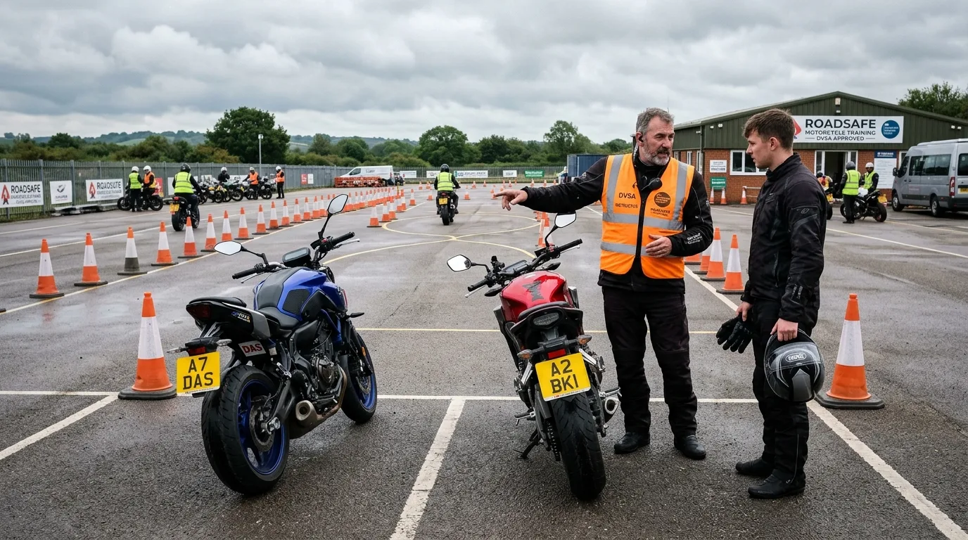 British motorcycle training school showing category A DAS middleweight training motorcycle alongside A2 roadster with DVSA training cones