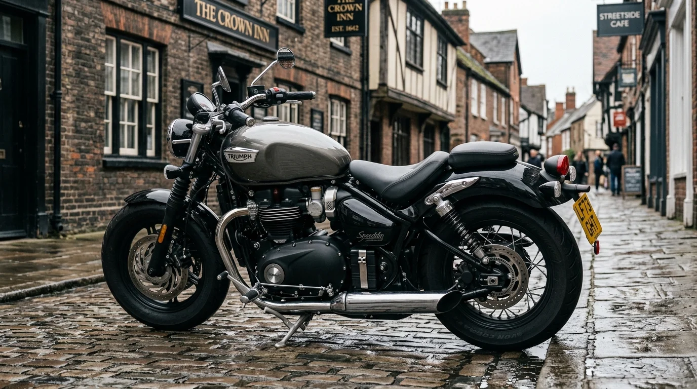 Low-seat cruiser motorcycle on UK street