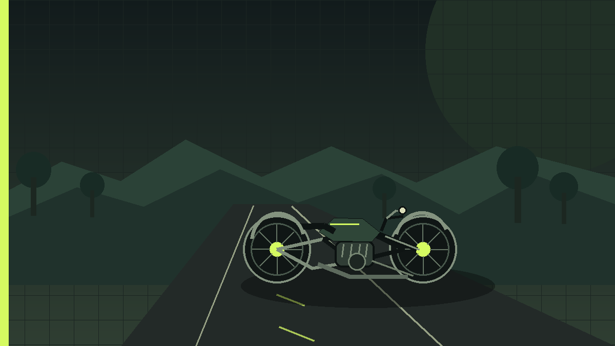 Illustration of a generic, unbranded cruiser motorcycle on a winding country road.