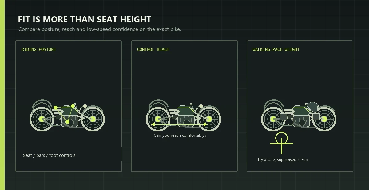 Illustration comparing motorcycle riding posture, handlebar reach and walking-pace confidence, without model-specific measurements.