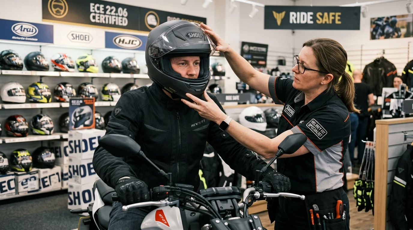 Motorcycle helmet fit check and ECE standards