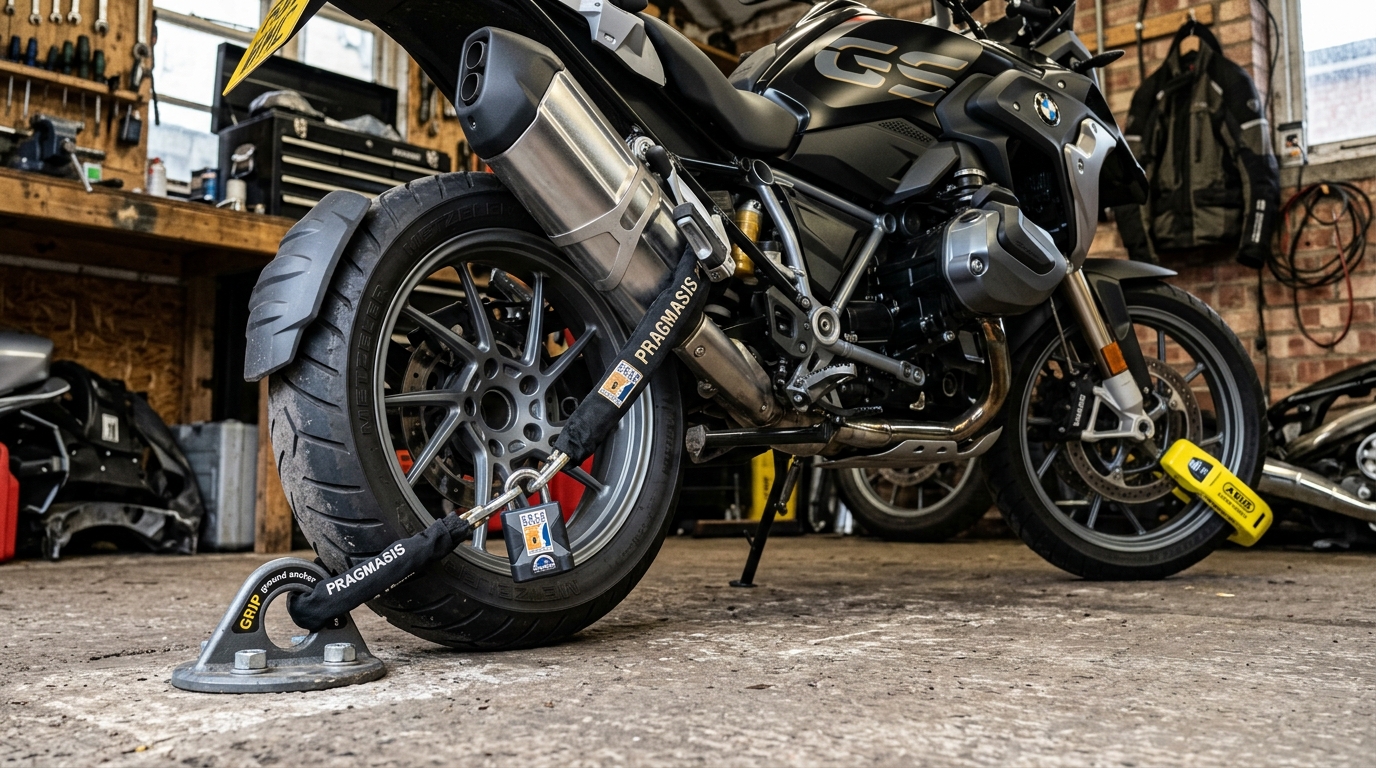 Heavy-duty 16mm Sold Secure Diamond chain locked to ground anchor on BMW motorcycle with alarmed front disc lock
