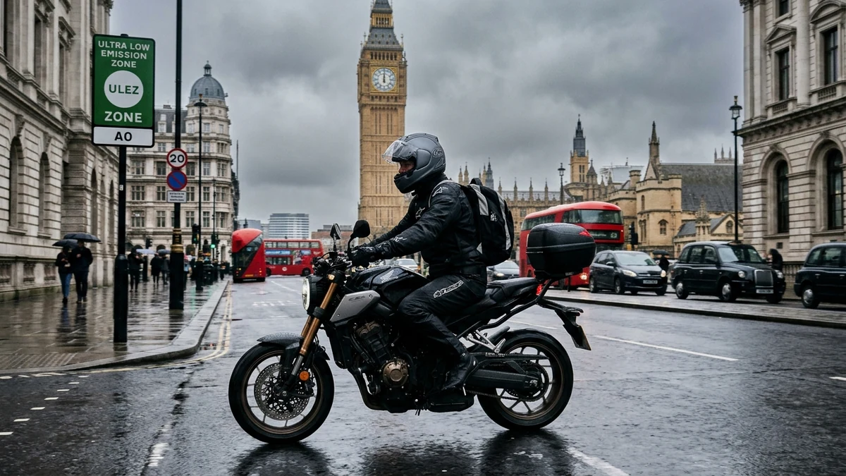 Motorcycle commuter riding through central London past official Ultra Low Emission Zone road sign