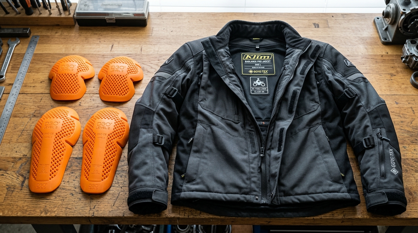 Motorcycle protective textile jacket on workshop bench with removable D3O CE Level 2 armour and EN 17092 certification tag