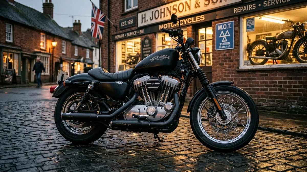 Used Harley-Davidson Sportster 883 motorcycle parked outside a UK motorcycle workshop showing peanut tank and Evolution V-twin engine