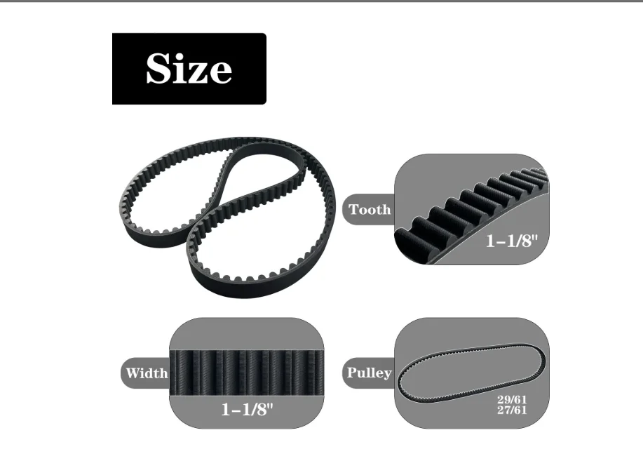 Toothed drive-belt reference graphic showing belt loops and close-ups of the teeth and width, with supplier size markings.