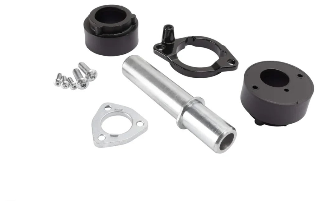 Separate rubber mount components, a metal sleeve, retaining plates and fasteners on a white background.