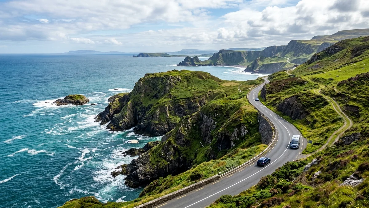 The winding Causeway Coastal Route road hugging the emerald cliffs and crashing ocean of County Antrim Northern Ireland