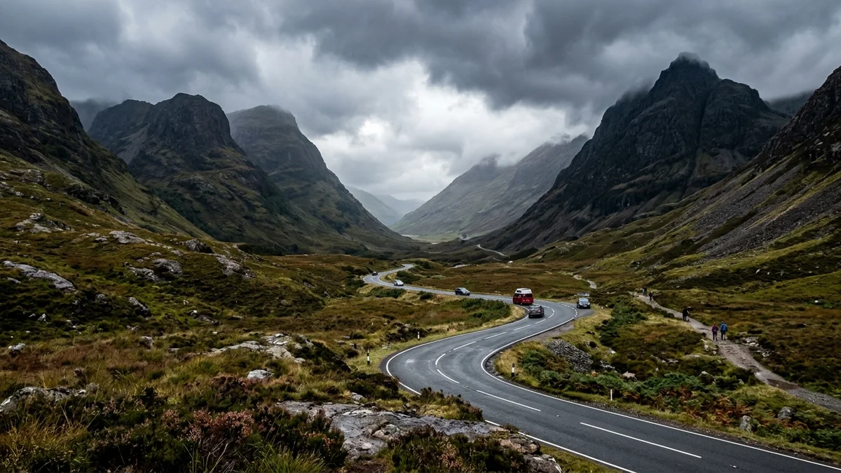 Sweeping A82 roadway passing the dramatic Glen Coe mountain pass and Three Sisters peaks in the Scottish Highlands